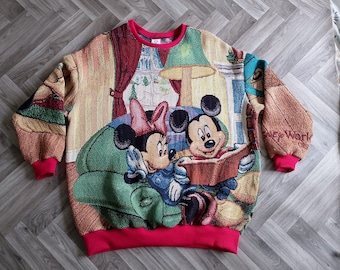 Reworked tapestry blanket, Mickey and Friends reworked crew neck sweater, Upcycled clothing, sustainable fashion, slow fashion