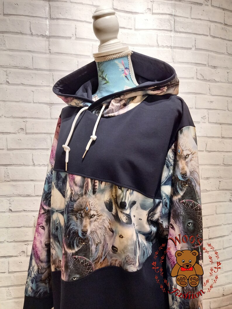 Handgjord Wolf Hoodie: Unisex French Terry-tröja med djurmotiv bild 3