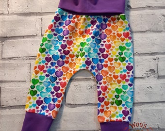 Rainbow Heart Leggings, Heart Harem pants, made to order harem pants, Baby harems, toddler harem pants, harem pants for babies, Harem pants