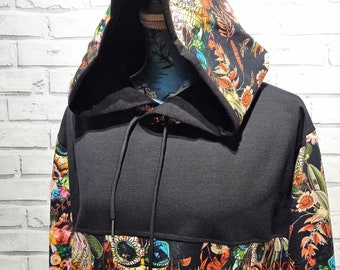 Handgjord Calavera Skull Hoodie: Blommig Goth French Terry-tröja
