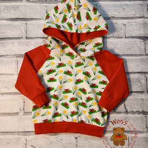 Welsh Children&#39;s Hoodie: Handmade Dragon & Daffodil Print