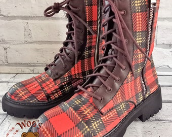 Tartan boots, custom shoes, check boots, custom boots, Women's boots,  unique boots, ankle boot, red tartan boots, brown custom boots
