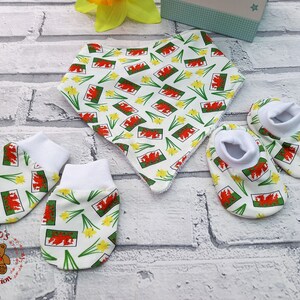 Welsh baby set, unisex welsh clothes, Welsh bib, Welsh booties, St Davids Day, Welsh baby shower gift, Welsh newborn gift set, Unisex baby