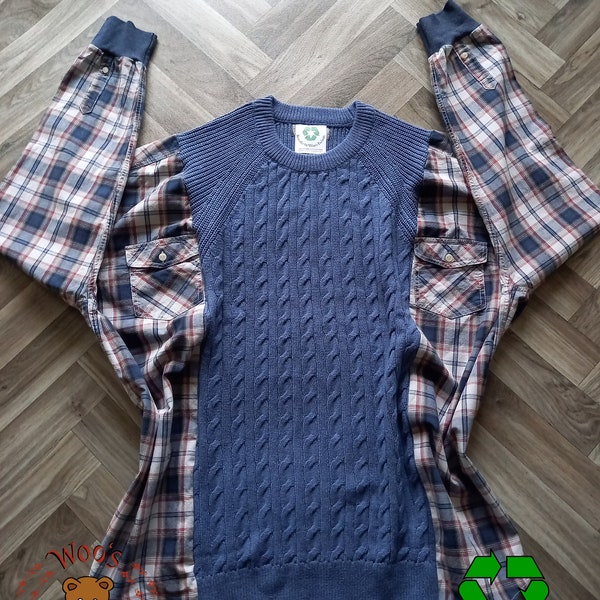 Chemise Blue Rework, haut retravaillé, articles retravaillés, vêtements écologiques, mode lente, haut recyclé, chemises recyclées, retravail de flanelle,