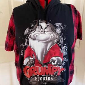 Grumpy reworked flannel shirt, unisex short sleeve hoodie, Grumpy tshirt, Red and Black checkered flannel shirt with a twist/one of a kind