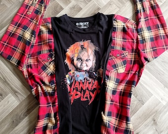 Rework Chucky shirt, red check rework shirt, flannel reworks, Eco friendly clothing, Slow fashion, Upcycled top, upcycled shirts, scary doll