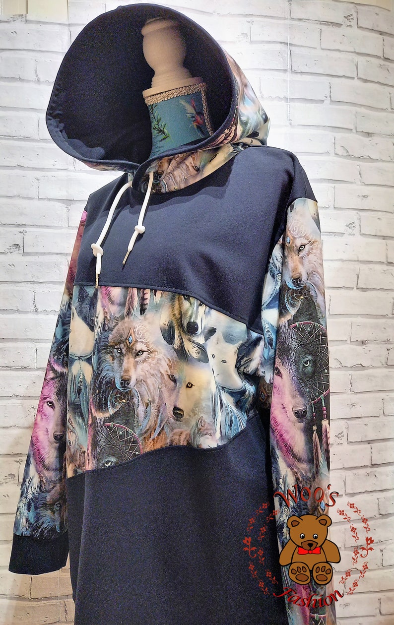 Handgjord Wolf Hoodie: Unisex French Terry-tröja med djurmotiv bild 4