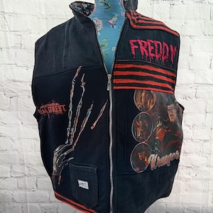 Freddy patchwork Sleeveless puffer style jacket / Padded gilet for Halloween / T-Shirt Horror Jacket /Scary vest/ Upcycled denim