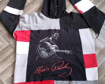 Sudadera con capucha de Elvis rediseñada, sudadera patchwork reciclada