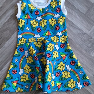 Girls Twirly Spring Dress: Handmade Daffodil Rainbow Ladybird Cotton