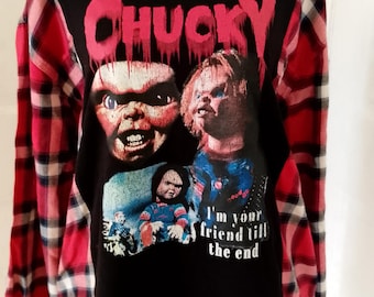 Camisa de franela Chucky Reworked, top de cuadros reciclados, tallas M-XL