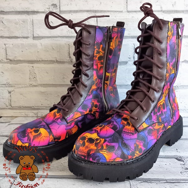 Skull boots, custom shoes, check boots, custom boots, Women's boots,  unique boots, ankle boot, rainbow skull boots, pink and purple boots