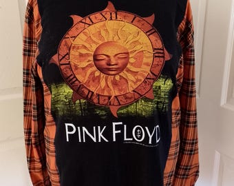 Reworked Flannel Shirt: Upcycled Orange Check, Music Tee