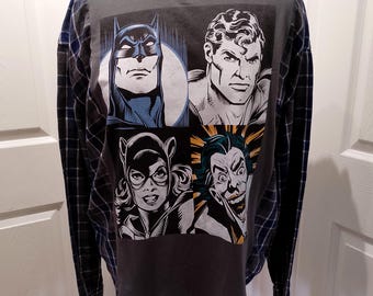Camisa de franela de superhéroe reciclada: Top a cuadros renovado