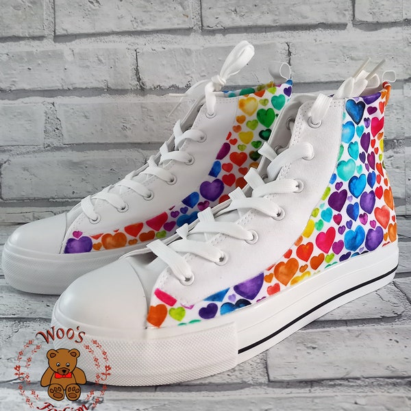 Rainbow heart boots, Rainbow shoes, custom shoes, high rise ladies shoes, summer shoes, fabric covered shoes, gift for her, rainbow bumpers