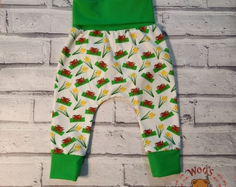 Welsh Harem Baby Pants: Dragon & Daffodil Print, Soft Cotton Lycra