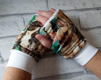 French Bulldog Fingerless Gloves: Terry Cloth Wrist Warmers