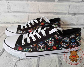 Sugar Skull Fabric Shoes, Day of the Dead, Custom Plimsolls