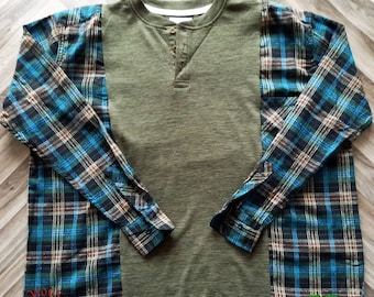 Herwerkt groen flanellen shirt: geüpcycled duurzame mode (past M-XXL)