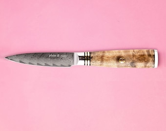Handcrafted Damascus Steel Paring Knife: Japanese Burl Wood, 3.5in