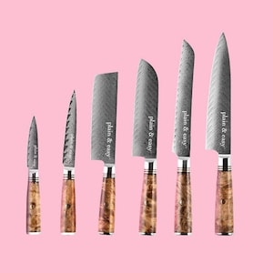 Premium 6 Piece Damascus Knife Set - Plain & Easy - Hand Sharpened, Hand Made - Best Gift - AUS10 (Strongest grade of Damascus Steel)