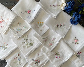 Handmade Handkerchief Napkin Vintage Gift Wedding 80’s Gift Flower Hanky Embroidered 12 Pieces