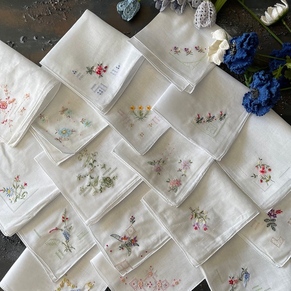 Handmade Handkerchief Napkin Vintage Gift Wedding 80’s Gift Flower Hanky Embroidered 12 Pieces
