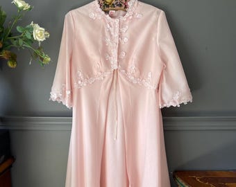 Pink Poplin Cotton Nightgown and Robe Set 1970s Bridal Lingerie Medium Size