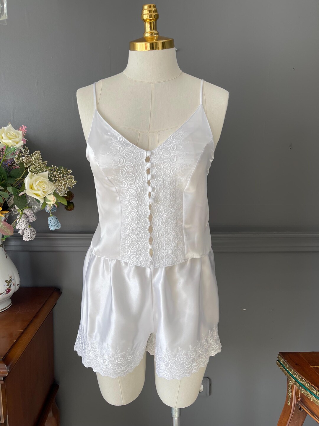 Vintage Satin Camisole & Shorts Set - Embroidered Bridal Lingerie