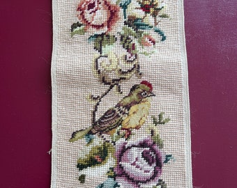 Vintage Handcrafted with Needlepoint Technique using 100% Wool Yarn - 1980s "Bird and Flowers"