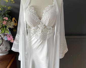 Vintage 2000s 6 Piece Bridal Lingerie Set, Satin and Chiffon Peignoir Set, Nightgown Robe Pajama Set, Bridal Trousseau