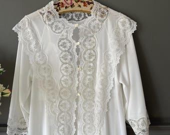 1970s Vintage Jersey Nightgown Robe Set, Tulle Lace Bridal Lingerie, Size Small