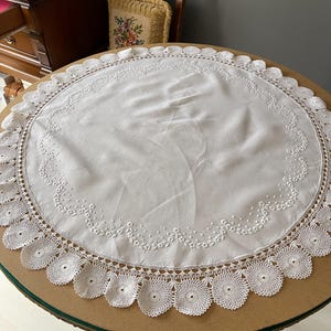 Vintage White Linen Tablecloth, Hand-Embroidered with Crochet Details O-19