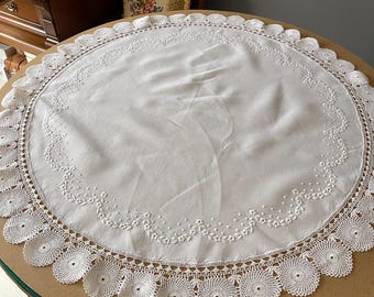Vintage White Linen Tablecloth, Hand-Embroidered with Crochet Details O-19