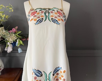 Vintage 1980s Hand Painted Silk Nightgown Blue Medium Unworn Short Silk Lingerie Romantic Sleepwear