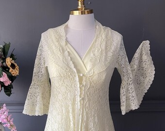 Vintage Nightgown and Robe Set, Romantic Tulle Peignoir, Yellow Jersey Bridal Lingerie, 1970s, Small
