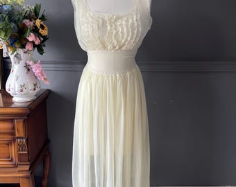 Sheer Nightgown with Tulle Lace, Yellow Nylon Peignoir, Pearl Buttons, 1970s, Large