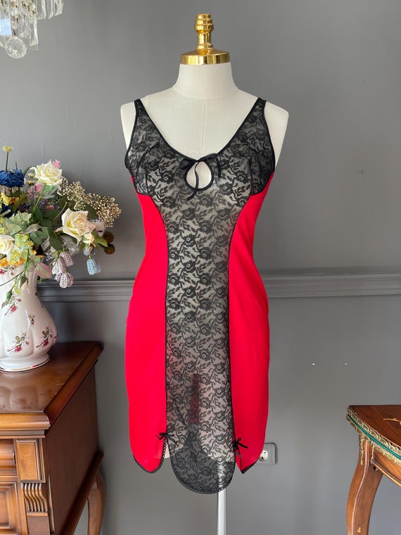 Vintage Red Jersey Slip Dress - Medium - Black Lace Trim - Stretch Lingerie  - Boudoir Nightdress - 1970s - Etsy Israel