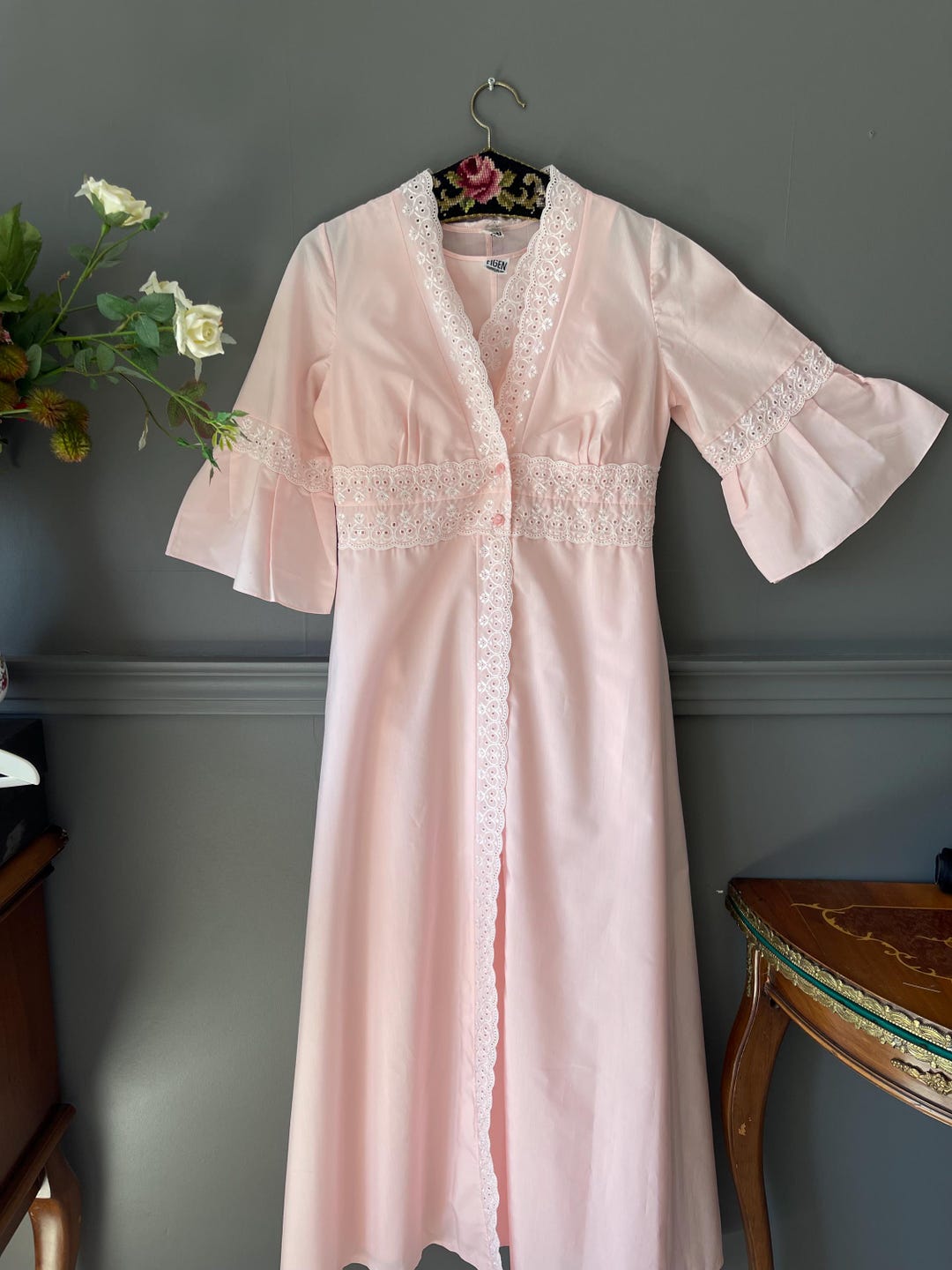 Pink Poplin Nightgown and Robe Set - Lace and Flared Sleeves - 1960s ...