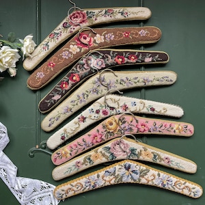 Elegant Vintage Bride Hanger, Handmade Needlepoint Petit Point Wedding Dress Hanger, 1970s Wooden Cloth Hanger