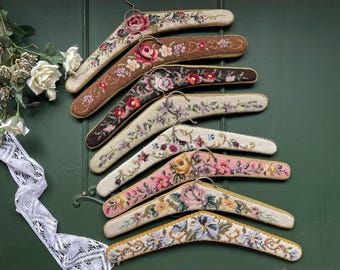 Elegant Vintage Bride Hanger, Handmade Needlepoint Petit Point Wedding Dress Hanger, 1970s Wooden Cloth Hanger
