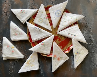 Handmade Handkerchief Napkin Vintage Gift Wedding 80’s Gift Flower Hanky Embroidered 12 Pieces