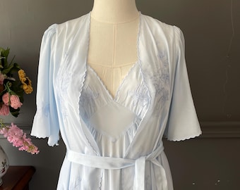 Vintage Nightgown & Robe Set, 1980s Pastel Blue Taffeta, Embroidered Bridal Lingerie, Medium