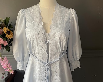 Embroidered Nightgown and Robe Set, Romantic Vintage Peignoir, Blue Satin Bridal Lingerie, 1980s, Small