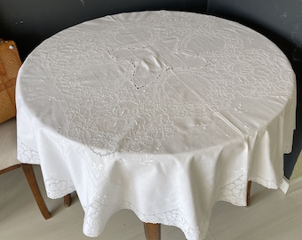 Handmade Vintage Embroidered Cotton Tablecloth, Art Nouveau Cutwork
