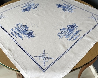 Vintage 1970s Cross-Stitch Tablecloth – Hand-Embroidered Blue & White Cotton
