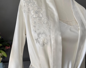 Y2K Ivory Satin Nightgown Robe Set Lace Applique Bridal Lingerie Romantic Wedding Sleepwear Small