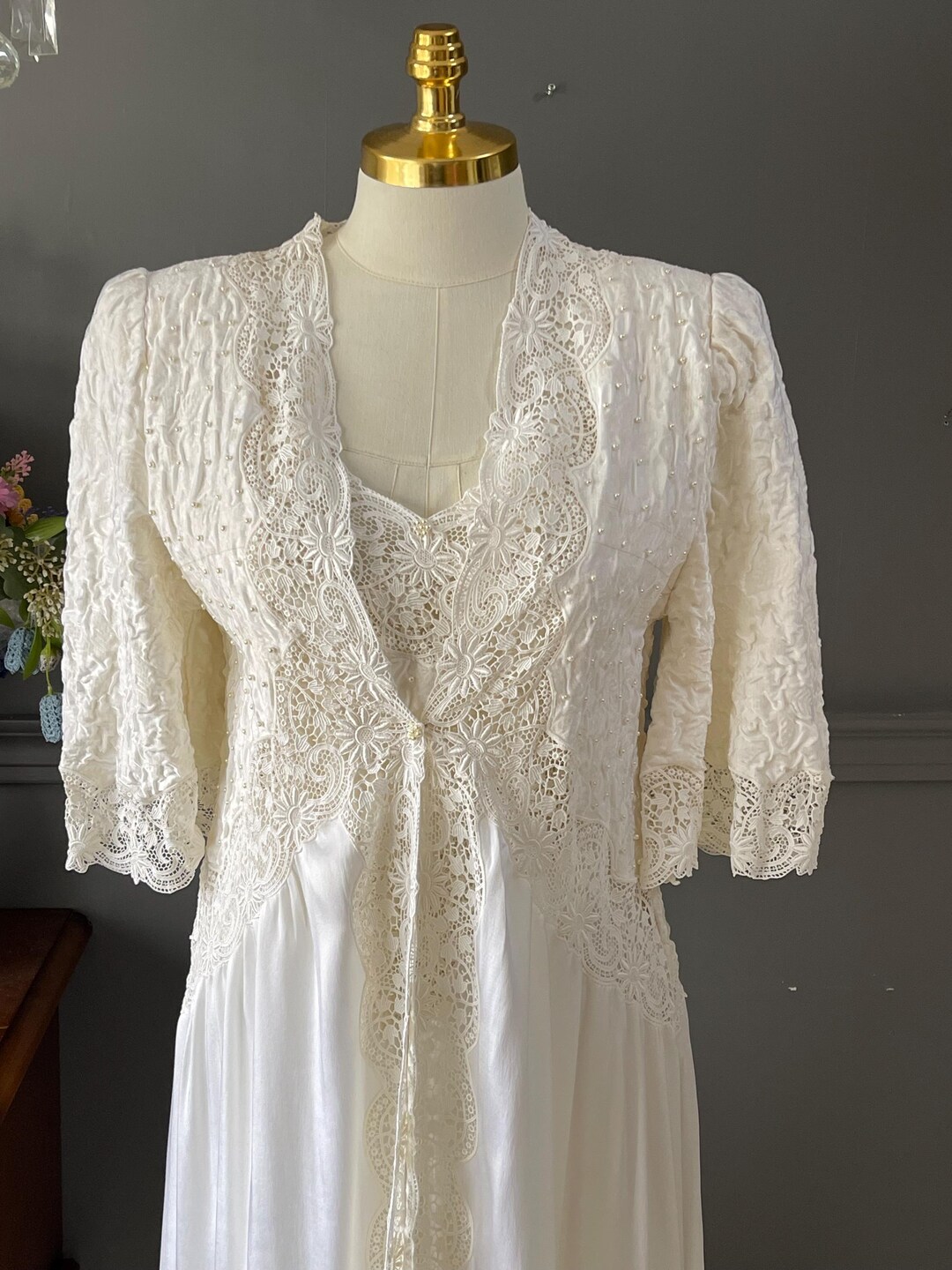 Vintage 1980s Satin Nightgown & Robe Set – Pearl and Guipure Lace ...