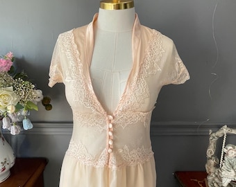 Vintage Peach Chiffon Robe | Y2K Lace Lingerie, XS