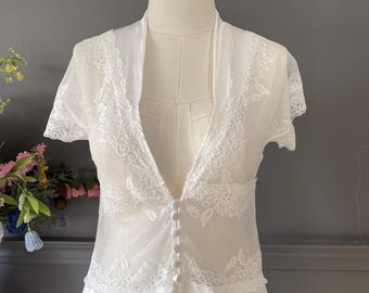 Vintage Ecru Satin Lace Nightgown Robe, 2000s Button Front Lingerie, Romantic Bridal Sleepwear, Small Size
